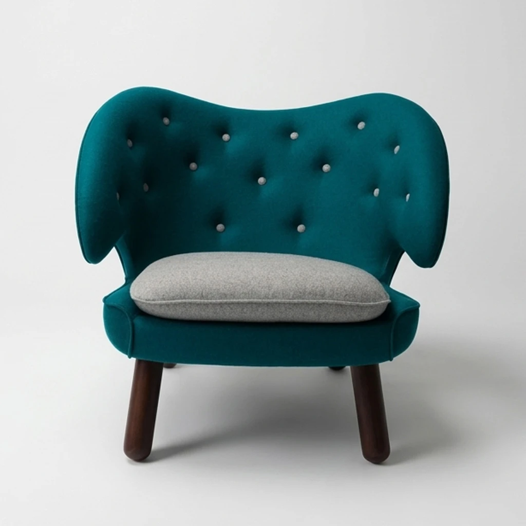 Pelican Chair Body Green Wool Button and Cushion Light Grey Wool